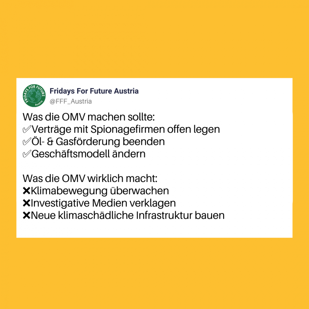 Bildschirmfoto von einem humoristischen Twitter-Post von Fridays For Future Austria zu den OMV-Spionage-Vorwürfen